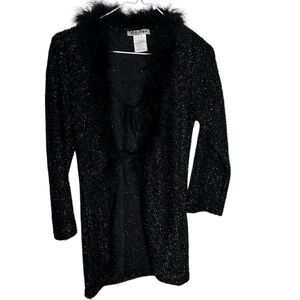 Y2K goth black fuzzy sparkly feather trim tie front lightweight cardigan duster